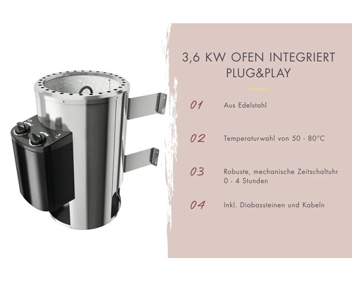 Poêle de sauna électrique 3,6 kilowatts en inox avec raccordement Plug and Play, température 50 à 80 degrés et minuterie mécanique.
