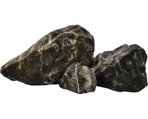 Drei dunkle Natursteine mit hellen Adern zur Dekoration von Garten oder Aquarium.