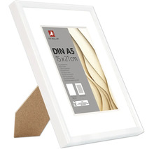Kunststoffbilderrahmen DIN A5, 15 mal 21 Zentimeter, weiß, inklusive Aufsteller.