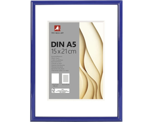 Cadre photo bleu en plastique au format DIN A5, 15 sur 21 centimètres, avec passe-partout blanc. Certificat de gestion forestière responsable.