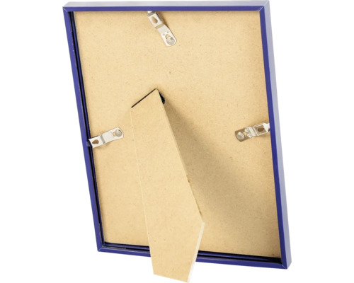 Vue arrière d'un cadre photo bleu avec support pliable, attache de suspension et clips métalliques.