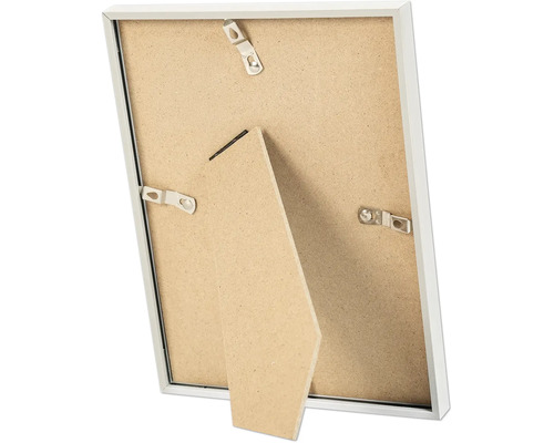 Vue arrière d'un cadre photo avec support intégré et attaches métalliques pour fixer le panneau arrière.