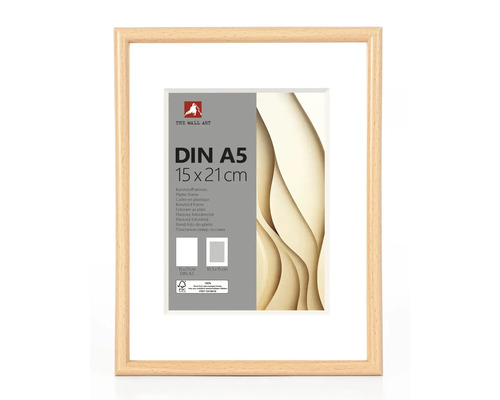 Kunststoffrahmen in Eichenoptik mit Passepartout für Format DIN A5 15 mal 21 Zentimeter.