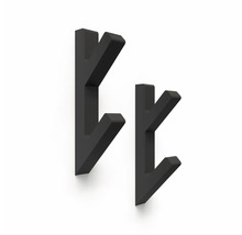 Zwei unterschiedlich große schwarze Wandhaken aus Metall mit jeweils zwei Hakenarmen im modernen Zweig-Design.