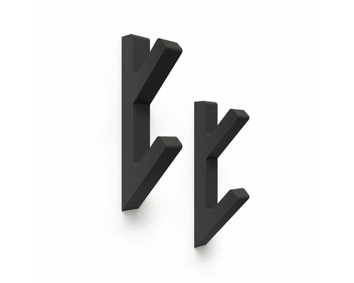 Zwei unterschiedlich große schwarze Wandhaken aus Metall mit jeweils zwei Hakenarmen im modernen Zweig-Design.