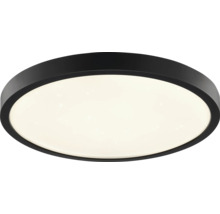 Plafonnier LED rond avec cadre noir et effet ciel étoilé sur le diffuseur blanc.
