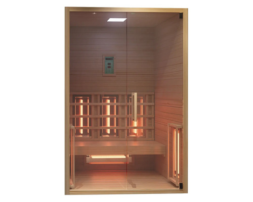 Infrarotkabine mit Glasfront, Holzverkleidung, Sitzbank und mehreren Infrarotstrahlern.
