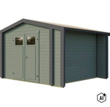 Abri de jardin en bois avec double porte, fenêtres et toit à deux versants (Image AI modified or generated)