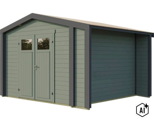 Abri de jardin en bois avec double porte, fenêtres et toit à deux versants (Image AI modified or generated)