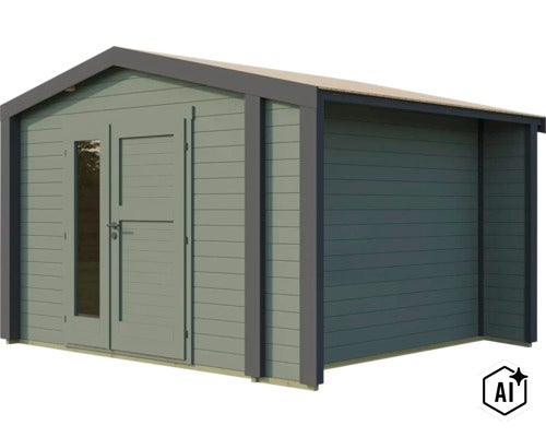 Abri de jardin moderne en bois avec toit à deux pans, double porte et insert en verre. (Image AI modified or generated)