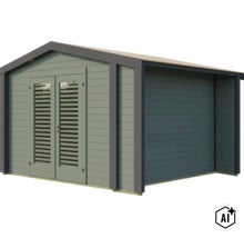 Abri de jardin moderne en bois avec toit à deux pans et double porte avec inserts à persiennes. (Image AI modified or generated)