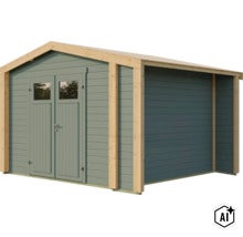 Abri de jardin en bois avec double porte, fenêtres, toit à deux pentes et construction moderne en madriers. (Image AI modified or generated)