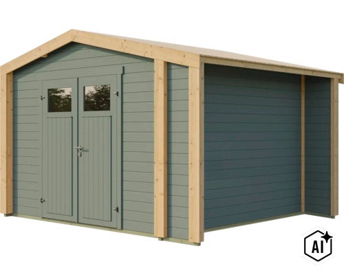 Abri de jardin en bois avec double porte, fenêtres, toit à deux pentes et construction moderne en madriers. (Image AI modified or generated)