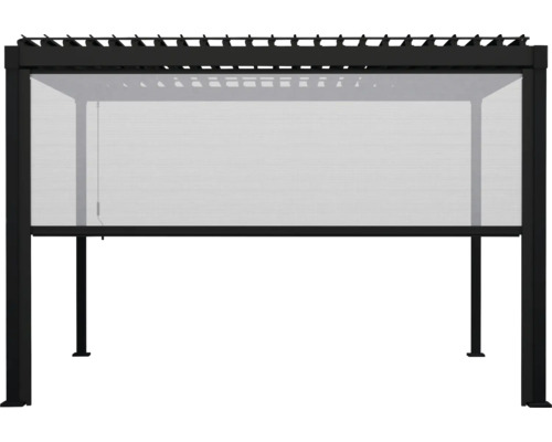 Store latéral semi-transparent pour pergola, monté sur un cadre noir, servant de protection solaire et de brise-vue.