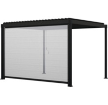 Pergola noire avec store latéral semi-transparent intégré pour la protection contre le soleil et le vent.