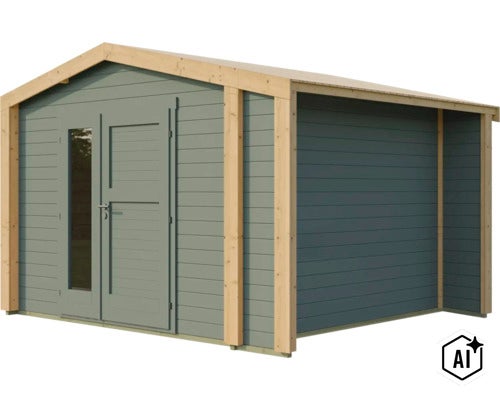 Abri de jardin en bois avec toit en appentis, double porte vitrée et construction en madriers. (Image AI modified or generated)