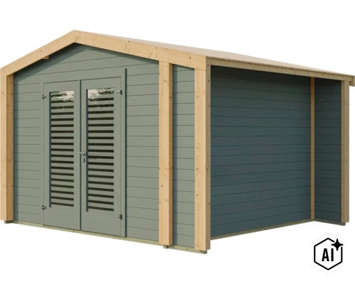 Abri de jardin moderne en bois avec double porte, fenêtres à lamelles et toit à deux pans, idéal comme abri de rangement. (Image AI modified or generated)