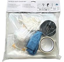 Set de protection contre la poussière de dix pièces avec masque respiratoire, gants, ruban adhésif et surchaussures pour rénovation.