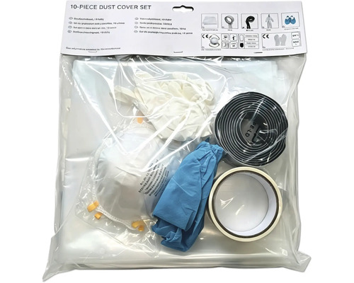 Set de protection contre la poussière de dix pièces avec masque respiratoire, gants, ruban adhésif et surchaussures pour rénovation.