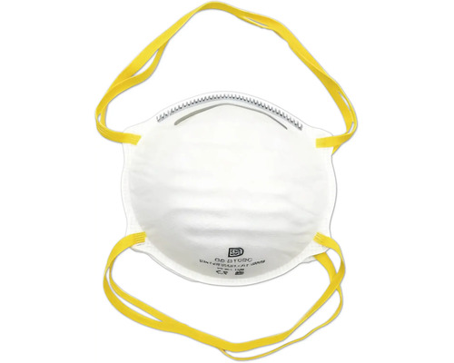 Masque anti-poussière blanc en forme de coque avec pince-nez métallique et deux brides élastiques jaunes.