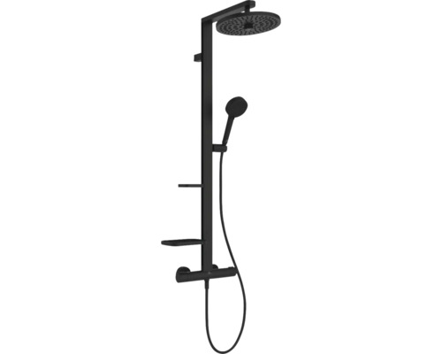 Duschsystem in Schwarz mit runder Kopfbrause, Handbrause, Brausestange, Thermostatarmatur und zwei integrierten Ablagen.