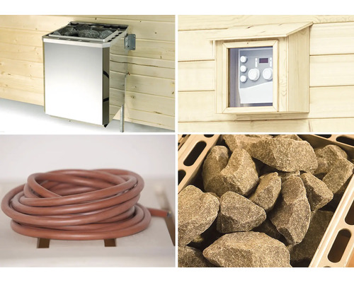 Collage avec poêle de sauna en acier inoxydable, commande dans un boîtier en bois, câble en silicone et pierres de sauna.