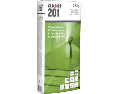 Enduit de ragréage Akkit 201, 25 kilogrammes, pour des sols plats, à très faibles émissions.