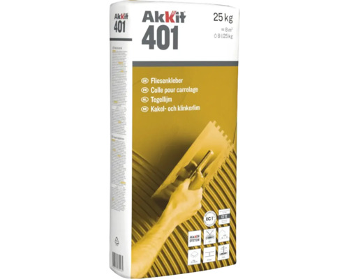 Colle pour carrelage Akkit 401 en sac de 25 kilogrammes, à très faibles émissions et flexible pour murs et sols.