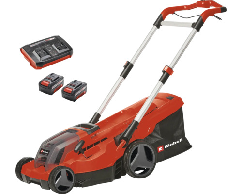 Set tondeuse à gazon sans fil Einhell comprenant deux batteries, un chargeur double et un bac de ramassage.
