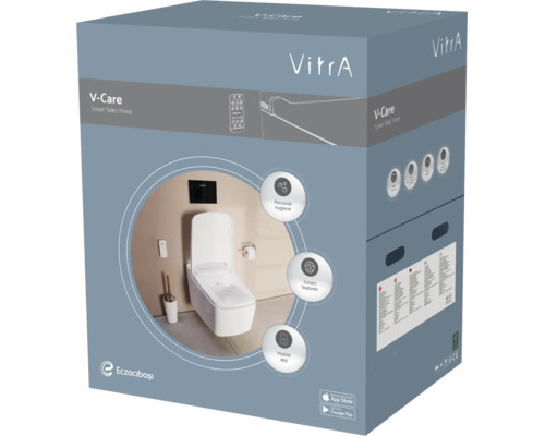 Emballage VitrA V-Care Smart Toilet Prime avec image de la toilette, VitrA Logo et icônes pour l'hygiène, les fonctions et l'application mobile.