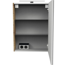 Armoire de toilette ouverte pour la salle de bain avec deux étagères en verre, double prise intégrée et luminaire LED.