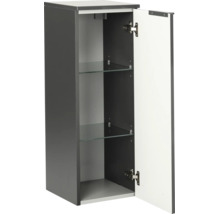 Meuble mi-hauteur de salle de bains anthracite et blanc avec porte ouverte, deux tablettes en verre et charnières métalliques.