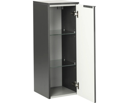 Meuble mi-hauteur de salle de bains anthracite et blanc avec porte ouverte, deux tablettes en verre et charnières métalliques.