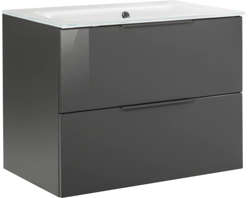 Waschtischunterschrank mit zwei Schubladen und integriertem Waschbecken in Anthrazit.