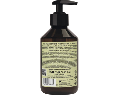 Savon mains végan Jean und Len Bergamote et Bois de Cèdre en flacon pompe de 250 millilitres. Verso du flacon avec ingrédients et informations.