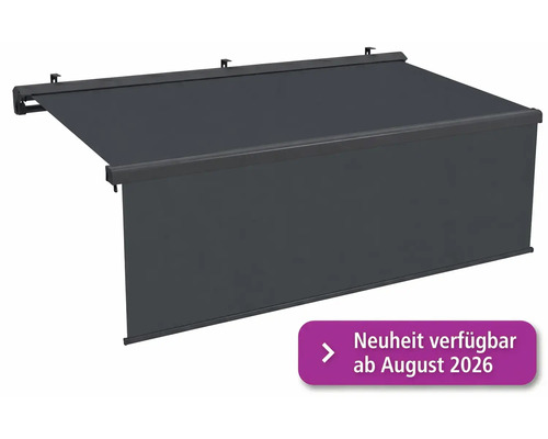 Store banne à coffre anthracite avec lambrequin déroulant. Nouveauté disponible à partir d'août 2026.