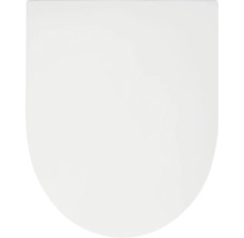 Couvercle d'abattant de toilettes blanc en forme de D en plastique.