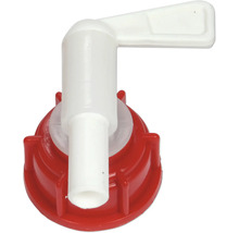 Robinet de vidange en plastique pour bidons avec bouchon à vis rouge et levier blanc.