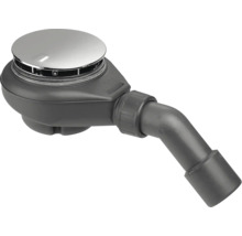 Siphon de douche en plastique avec couvercle chromé et tuyau d'évacuation coudé.