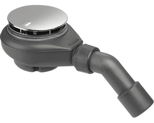 Siphon de douche en plastique avec couvercle chromé et tuyau d'évacuation coudé.