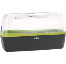 Serre d'intérieur Romberg avec couvercle transparent, éclairage intégré et bac en plastique noir avec bord vert clair.