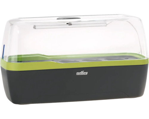 Serre d'intérieur Romberg avec couvercle transparent, éclairage intégré et bac en plastique noir avec bord vert clair.