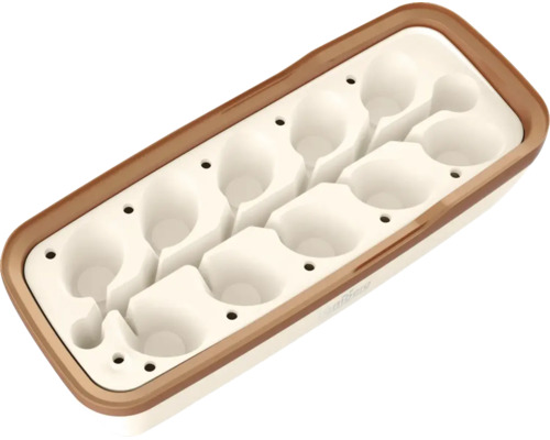 Moule à glaçons en silicone avec des compartiments en forme de goutte et un bord marron.