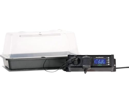 Serre d'intérieur chauffée Romberg avec couvercle et thermostat numérique HortiSwitch et minuterie affichant 21,3 degrés Celsius.
