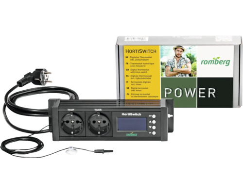 Romberg HortiSwitch thermostat numérique avec minuterie, deux prises, écran numérique et sonde de température.