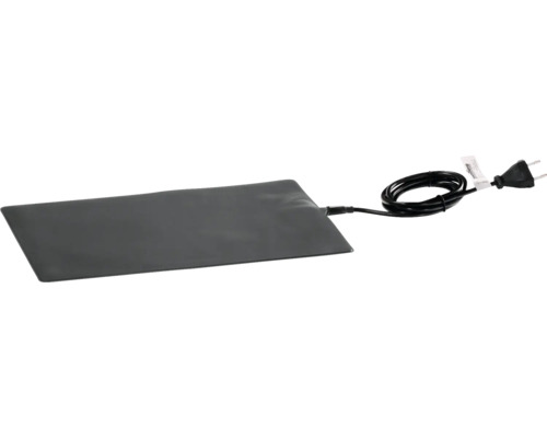 Tapis chauffant rectangulaire noir avec cordon d'alimentation et prise.