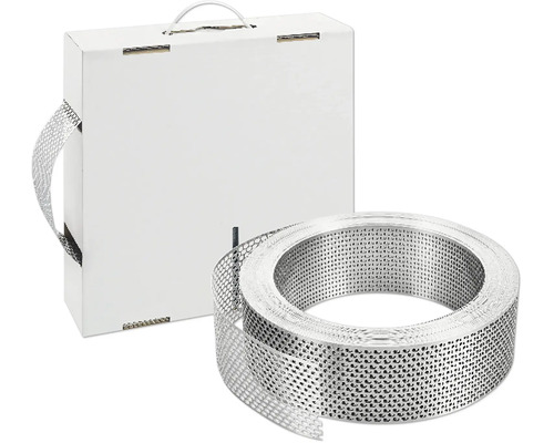 Lochband aus Metall auf Rolle mit dazugehörigem Abrollkarton.