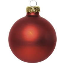 Boule de Noël rouge en verre, mate, avec calotte décorée dorée et anneau de suspension.