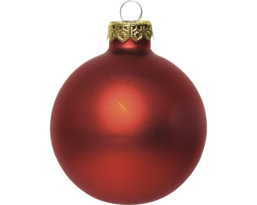 Boule de Noël rouge en verre, mate, avec calotte décorée dorée et anneau de suspension.