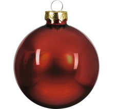 Boule de Noël en verre rouge brillant avec capuchon doré et œillet de suspension.